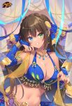  1girl absurdres armlet bangle beads blue_eyes bracelet breasts bridal_gauntlets brown_hair cleavage collar curtains dancer dancing dangle_earrings dark-skinned_female dark_skin earrings english_commentary evening green_eyes grin hand_up harem_outfit heterochromia highres jewelry kusumoto_shizuru large_breasts lips long_hair looking_at_viewer mahjong_soul midriff navel official_art ribbon sara_(mahjong_soul) sidelocks sky smile solo star_(sky) starry_sky streamers very_long_hair 