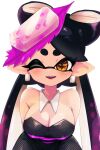  +_+ 1girl alternate_breast_size arms_behind_back bare_shoulders black_hair black_jumpsuit blush bow-shaped_hair breasts callie_(splatoon) cleavage collarbone commentary_request detached_collar earrings fangs gradient_hair happy jewelry jumpsuit large_breasts leaf leaning_forward long_hair looking_at_viewer mole mole_under_eye multicolored_hair nu_(ura_mya_pain) object_on_head one_eye_closed open_mouth orange_eyes pointy_ears purple_hair simple_background smile solo splatoon_(series) splatoon_1 standing straight-on teeth tentacle_hair tentacles two-tone_hair upper_body very_long_hair white_background 