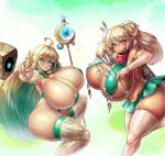  2girls absurdres arrow_(projectile) ass blonde_hair breasts dark_elf dark_elven_forest_ranger elf elven_forest_maker gloves green_eyes green_hair highres holding holding_arrow holding_staff huge_ass huge_breasts last_origin lee_on_(user_whtk2423) long_hair looking_at_viewer microskirt multicolored_hair multiple_girls pink_eyes pointy_ears revealing_clothes see-through_thighhighs skirt smile staff thick_thighs thighhighs thighs 