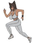  1girl animal_ears bare_arms bare_shoulders bastet_(houtengeki) black_hair bracelet breasts cleavage collarbone ear_piercing exercise full_body grey_pants grey_sports_bra houtengeki jewelry jogging large_breasts medium_hair navel open_mouth original pants piercing red_eyes shoes simple_background sneakers solo sports_bra white_background yoga_pants 