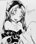  1girl bare_shoulders blush collarbone fangs finger_to_tongue flat_chest greyscale highres horns japanese_clothes kanimura_ebio kimono long_hair looking_at_viewer monochrome naughty_face off_shoulder oni oni_horns open_mouth original pointy_ears saliva shikishi short_eyebrows signature simple_background sitting smile solo teeth tongue tongue_out traditional_media 
