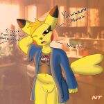  anthro bathrobe bottomless brown_eyes chubby_female clothed clothing dialogue eyelashes female generation_1_pokemon genitals hair hand_behind_head head_tuft hi_res kitchen looking_at_viewer mammal murid murine nasa ninjatreecko nintendo one_eye_closed open_mouth partially_clothed pikachu pokemon pokemon_(species) pokemorph pussy robe rodent shirt slightly_chubby solo spark_elektra standing t-shirt tail tired topwear tuft yawn yellow_body 
