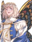  1boy blue_cape blue_eyes butterfly_wings cape eiki_(eikityou_55) eyelashes fate/grand_order fate_(series) frilled_shirt_collar frills grey_hair highres juliet_sleeves long_sleeves looking_at_viewer male_focus oberon_(fate) open_mouth puffy_sleeves shirt short_hair simple_background solo tassel upper_body white_background white_shirt wings 