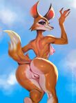  2023 anthro anus blush breasts butt canid canine digital_media_(artwork) eyebrows eyelashes female fingers fox genitals hi_res johnfoxart looking_at_viewer looking_back mammal meika_(rimba_racer) nude pussy rimba_racer solo text url 