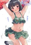  1girl arms_up artist_name black_footwear black_hair blush cheerleader clothes_writing collarbone foot_out_of_frame green_skirt heart highres holding holding_pom_poms ishigaki_(kancolle) kantai_collection looking_at_viewer mizuta_kenji motion_lines navel one-hour_drawing_challenge open_mouth pleated_skirt pom_pom_(cheerleading) red_eyes shoes short_hair signature simple_background skirt socks solo sweat twitter_username white_background white_socks 