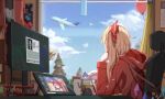  1girl absurdres aircraft airplane among_us balloon blonde_hair blue_(among_us) chair cirno crystal curtains flandre_scarlet green_(among_us) highres holding holding_stylus hood hoodie indoors long_hair long_sleeves minecraft monitor mystia_lorelei one_side_up pink_(among_us) red_hoodie signature sitting solo stylus touhou vanilla_flan wings 