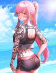  1girl arm_tattoo back black_shorts blush dolphin_shorts earclip english_commentary highres hololive hololive_english long_hair looking_at_viewer looking_back mori_calliope ocean pink_hair ponytail red_eyes shorts sk_jynx solo sun tank_top tattoo very_long_hair virtual_youtuber 