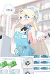  1girl @_@ absurdres apron badge barcode_scanner bare_arms bare_shoulders black_bow black_bowtie blonde_hair blue_archive blue_eyes blurry blurry_background blush bow bowtie breasts button_badge cash_register closed_mouth condom condom_wrapper convenience_store detached_collar halo hand_up highres id_card indoors long_hair naked_apron nervous_smile one_side_up pen qianhui shop small_breasts smile solo sora_(blue_archive) speech_bubble standing sweat ticket used_condom v wings yen_sign 