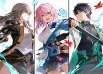  1boy 2girls archery_shooting_glove black_choker black_gloves black_hair black_jacket black_shirt breasts camera choker closed_mouth coat dan_heng_(honkai:_star_rail) earrings gloves grey_hair hair_between_eyes highres holding holding_weapon honkai:_star_rail honkai_(series) jacket jewelry leaf long_sleeves looking_at_viewer looking_away maple_leaf march_7th_(honkai:_star_rail) medium_hair multicolored_eyes multiple_girls open_clothes open_mouth pink_hair red_eyeliner shirt short_hair skirt smile srro_yo stelle_(honkai:_star_rail) trailblazer_(honkai:_star_rail) weapon white_coat white_shirt yellow_eyes yellow_trim 