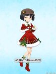  1girl ;) ankle_boots bell black_eyes black_hair black_headwear blue_background blunt_bangs blunt_ends bob_cut boots bow capelet character_name christmas closed_mouth commentary_request dress dress_bow flat_cap full_body fur-trimmed_capelet fur-trimmed_dress fur_trim girls_und_panzer girls_und_panzer_senshadou_daisakusen! green_socks hat hat_bow holding long_sleeves looking_at_viewer mittens official_alternate_costume official_art one_eye_closed print_dress red_capelet red_dress red_footwear short_dress short_hair smile socks solo sono_midoriko standing standing_on_one_leg star_(symbol) star_ornament translated watermark white_mittens 