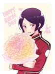  1girl blush bouquet cowboy_shot dated happy_birthday holding holding_bouquet jacket kitora_ai long_sleeves purple_eyes purple_hair red_jacket short_hair smile solo standing tenzoooon world_trigger yellow_background 