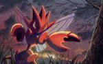  bare_tree blurry blurry_foreground brown_eyes chausagi cloud dusk grass no_humans no_mouth outdoors pincers pokemon pokemon_(creature) scizor solo star_(sky) tree wings 