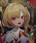  1girl absurdres ascot bangs blonde_hair blood blood_on_clothes bow crystal daimaou_ruaeru flandre_scarlet floral_print food fruit hat hat_removed headwear_removed highres holding holding_clothes holding_hat looking_at_viewer one_side_up open_mouth picture_frame pomegranate red_bow red_eyes red_vest revision rose_print shirt short_hair_with_long_locks smile solo touhou upper_body vest white_shirt wings yellow_ascot 