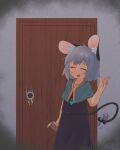  1girl absurdres animal_ear_fluff animal_ears black_dress blue_capelet blush capelet closed_eyes commentary_request cowboy_shot door door_handle dress false_smile flat_chest greenpiecerice grey_hair grey_shirt highres holding jewelry layered_clothes masking_tape medium_bangs mouse_ears mouse_girl mouse_tail nazrin open_mouth pendant shirt short_hair skirt skirt_set smile solo tail tape touhou 