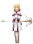  1girl absurdres blonde_hair blush cosplay final_fantasy final_fantasy_xiv fire_emblem fire_emblem:_genealogy_of_the_holy_war fire_emblem:_thracia_776 green_eyes highres hood long_sleeves looking_at_viewer nanna_(fire_emblem) ritence robe short_hair simple_background smile solo staff thighhighs white_background white_mage white_mage_(cosplay) white_robe wing_hair_ornament 