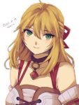  1girl blonde_hair choker closed_mouth collarbone dated fiora_(xenoblade) green_eyes hair_ribbon highres long_hair looking_at_viewer navel ribbon simple_background smile solo white_background xenoblade_chronicles_(series) xenoblade_chronicles_1 yamamori_kinako 