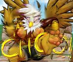  4_toes anthro avian beak bench breasts brown_body brown_feathers brown_fur clothing cloud exploding_clothing feathers feet female flexing friendship_is_magic frist44 fur gilda_(mlp) grass gryphon hasbro loose_feather messy_tail motion_lines my_little_pony mythological_avian mythology nipples pawpads plant silhouette simple_background sneeze solo solo_focus spread_wings tail tail_tuft toes torn_clothing tree tuft white_body white_feathers wings yellow_eyes 