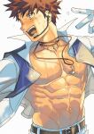  1boy abs bara bare_pectorals belt blue_vest brown_eyes brown_hair collarbone cropped_vest gloves headset high_collar highres idol jacket jewelry male_focus muscular muscular_male music necklace open_clothes open_jacket open_mouth original pants pectorals sagami_jon short_hair singing solo sweat vest white_background white_gloves white_jacket white_pants 