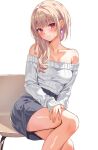  1girl absurdres bare_shoulders blush collarbone earrings furen_e_lustario hair_over_shoulder hand_on_own_thigh highres jewelry knees long_hair looking_at_viewer nijisanji off-shoulder_sweater off_shoulder oniku_(o29sukizero) sitting skirt sweater virtual_youtuber white_background white_sweater 