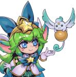  1girl :3 animal_ears bangs blue_eyes blush bow bowtie commentary dress gloves green_bow green_bowtie green_skirt hair_bow large_bow league_of_legends long_hair looking_at_animal lulu_(league_of_legends) miniskirt multicolored_hair official_alternate_costume phantom_ix_row simple_background skirt smile star_(symbol) star_guardian_(league_of_legends) star_guardian_lulu symbol-only_commentary two-tone_hair white_background white_dress white_gloves yordle 