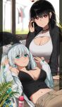  2girls aqua_eyes aqua_nails black_hair black_shirt breasts choker cleavage crop_top grey_hair halo highres jacket long_hair medium_breasts medium_hair midriff multiple_girls nail_polish navel noeru open_clothes open_jacket original red_eyes shirt smile twintails white_shirt 