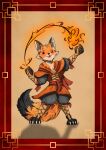  absurd_res anthro canid canine claws clothed clothing elemental_manipulation female fire fire_manipulation fluffy fluffy_tail fox hi_res inner_ear_fluff loafofbirb mammal smile solo tail toe_claws tuft young 