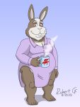 2023 3:4 anthro barefoot blue_background bottomless brown_body brown_fur buckteeth clothed clothing coffee_cup container cup date detailed_background eyebrows feet fur gradient_background hand_holding_drink hand_holding_object hand_to_side hi_res lagomorph leporid male mammal nightshirt nintendo overweight overweight_male peppy_hare purple_nightshirt rabbit red_eyes robertgdraws shadow signature simple_background smile solo star_fox starfox_logo tan_body tan_fur teeth thick_eyebrows 