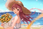  1girl :d bare_shoulders blue_sky blurry blush bouquet cloud dappled_sunlight day depth_of_field dress flower haru_yu hat heterochromia highres holding holding_bouquet hololive horizon houshou_marine long_hair looking_at_viewer ocean open_mouth outdoors red_eyes red_hair ribbon shore sky sleeveless sleeveless_dress smile solo straw_hat summer sun_hat sundress sunflower sunlight upper_body virtual_youtuber water white_dress yellow_eyes 