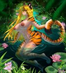  4322chan anthro big_breasts blonde_hair breasts clothing eyelashes felid female fur green_eyes hair hi_res legwear lily_pad long_hair mammal nature nipples nude orange_body orange_fur outside pantherine partially_submerged plant solo stockings striped_body striped_fur stripes thigh_highs tiger water 