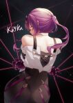  1girl ass back bare_shoulders black_shorts eyewear_on_head gloves high-waist_shorts highres honkai:_star_rail honkai_(series) kafka_(honkai:_star_rail) long_sleeves ntk_nartaku ponytail purple-tinted_eyewear purple_eyes purple_gloves purple_hair round_eyewear shorts shoulder_blades spider_web_print sunglasses tinted_eyewear 