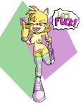  anthro canid canine canis clothing condom dialogue ellie_the_wolf female footwear fours_(artist) fur hi_res holding_condom holding_object legwear looking_at_viewer mammal mostly_nude panties pubes purple_eyes sega sexual_barrier_device shoes solo sonic_the_hedgehog_(series) thigh_highs underwear undressing wolf wristband yellow_body yellow_fur 