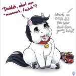  babbehteef baby_talk black_hair collar dialogue english_text female feral fire_engine fluffy_pony fur grey_eyes hair offscreen_character profanity simple_background solo text truck_(vehicle) vehicle white_background white_body white_fur 
