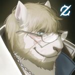  1:1 2021 anthro bangs beard black_background blonde_hair blue_clothing blue_sclera clothing eye_scar eyewear facial_hair facial_scar fangs felid final_fantasy final_fantasy_xiv fur glasses hair hrothgar inner_ear_fluff jacket male mammal pantherine portrait scar simple_background snout snout_scar solo square_enix taika_(nekoritaika) takahirosi teeth tiger topwear tuft white_body white_clothing white_fur white_jacket white_topwear 