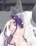  absurdres antlers ass azur_lane backless_dress backless_outfit blush breasts bridal_veil chinese_commentary commentary_request dress elbow_gloves from_behind gloves golden_hind_(azur_lane) golden_hind_(forlorn_femme_fatale)_(azur_lane) hair_over_eyes heart highres implied_sex large_breasts long_hair purple_hair qing_wu reindeer_antlers revealing_clothes tentacles veil wedding_dress white_gloves 
