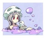  1girl alternate_hairstyle artist_name bathing bloody_marie_(skullgirls) bubble collarbone falarica grey_hair hat holding holding_toy large_hat legs long_hair looking_at_another lying mob_cap nude parted_bangs red_eyes rubber_duck skullgirls smile soap_bubbles solo toy white_headwear 