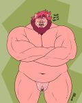 andromorph anthro beard dialogue facial_hair genitals hi_res intersex leaking_pussy looking_at_viewer male mammal musclegut muscular overweight pussy rionmaro solo suid suina sus_(pig) wild_boar 