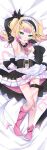  1girl :p absurdres apron arm_up armpits bandaid bandaid_on_leg bare_shoulders belt black_gloves blonde_hair breasts corset dakimakura_(medium) detached_sleeves dress full_body gloves gradient_hair green_eyes highres maid_headdress multicolored_hair pink_socks purple_hair sample_watermark shinsougumi short_hair skindentation sleeveless sleeveless_dress small_breasts smile socks solo sweat thigh_belt thigh_strap tongue tongue_out twintails two-tone_hair utsusumi_kio virtual_youtuber wakarase_choro white_apron 