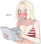  1girl american_flag_bikini bikini blonde_hair blue_eyes blush book breasts cleavage collarbone flag_print holding holding_book large_breasts ohasi open_mouth original short_hair simple_background solo swimsuit upper_body white_background 