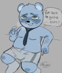  2023 anthro azulin&#039;s_father bear black_nose blue_body bulge clothed clothing dialogue erection erection_under_clothing genital_outline makaiika male mammal moobs necktie penis_outline slightly_chubby smoking solo spanish_text text underwear unicorn_wars 