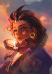  1girl brown_eyes brown_hair cloud earrings facial_mark highres illari_(overwatch) jewelry long_hair overwatch overwatch_2 parted_lips sky solo upper_body westwheatwheat 