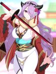  1girl bare_shoulders blurry blurry_background breasts camilla_(fire_emblem) camilla_(new_year)_(fire_emblem) cleavage closed_mouth fire_emblem fire_emblem_fates fire_emblem_heroes flower hair_flower hair_ornament hair_over_one_eye highres holding holding_sword holding_weapon japanese_clothes kimono large_breasts long_hair long_sleeves official_alternate_costume ondur purple_eyes purple_hair smile solo sword very_long_hair weapon wide_sleeves 