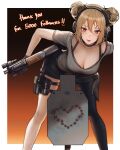  1girl asymmetrical_legwear black_background black_pantyhose black_shorts blonde_hair border breasts bullet_hole bullpup cleavage english_text girls&#039;_frontline gradient_background grey_shirt gun heart highres kitsune_udon_(ai_br) leaning_forward orange_background p90 p90_(girls&#039;_frontline) pantyhose red_eyes shirt shorts silhouette_target smile solo submachine_gun tongue tongue_out weapon white_border 