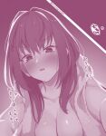 1girl bare_shoulders blush breasts cleavage collarbone fate/grand_order fate_(series) hair_between_eyes highres large_breasts long_hair looking_at_viewer mitsurugi_sugar monochrome naked_towel parted_lips purple_theme scathach_(fate) towel translation_request 
