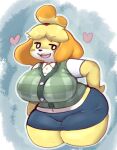  &lt;3 2023 abstract_background accessory animal_crossing anthro big_breasts black_nose blonde_hair bottomwear breasts canid canine canis cleavage clothed clothing curvy_figure domestic_dog eyebrow_through_hair eyebrows eyelashes female hair hair_accessory hairband hi_res huge_breasts inazuma_kat isabelle_(animal_crossing) looking_at_viewer mammal miniskirt nintendo shih_tzu shirt short_hair skirt smile solo teeth thick_thighs topwear toy_dog translucent translucent_hair voluptuous wide_hips 