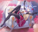  1girl animal_ears armor black_pantyhose braid breasts dress flower genshin_impact grey_hair hair_flower hair_ornament maid maid_headdress medium_breasts noelle_(genshin_impact) open_mouth pantyhose rabbit_ears red_flower rose short_hair solo tagme xila_qian_tang_shi yawning 