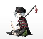  1boy armor black_armor black_footwear black_headwear black_jacket black_shorts black_sleeves collared_jacket commentary from_side full_body green_eyes hat highres hotarumaru jacket long_sleeves looking_at_viewer ootachi open_mouth ranko_no_ane red_ribbon ribbon shadow shorts sitting sketch socks sword touken_ranbu weapon white_background white_socks 