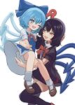  2girls :d ;d asymmetrical_wings between_legs black_dress black_hair black_thighhighs blue_bow blue_dress blue_eyes blue_hair blue_wings bow bowtie center_frills cirno commentary dress frills hair_bow hand_between_legs highres houjuu_nue ice ice_wings looking_at_another mikan_(manmarumikan) multiple_girls one_eye_closed red_bow red_bowtie red_eyes red_wings short_hair simple_background smile socks thighhighs touhou white_background white_socks wings 