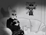  2022 absurd_res adlerokonma animal_humanoid anthro big_ears big_eyes black_and_grey black_and_white blank_stare bottomwear burger buried_you_at_makeout_creek canid canine canis clothed clothing dark_clothing digital_drawing_(artwork) digital_media_(artwork) disgust duo eating english_text female fennec food fox frown fur furniture grey_background greyscale hi_res humanoid humor jvnosacrifice mammal mammal_humanoid meme monochrome nat_mescudi on_wall shaded silly simple_background sitting skirt smile sofa tape taped_to_wall text widescreen 
