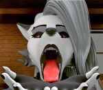  3d_(artwork) anthro black_lips black_lipstick blender_(software) canid canid_demon canine canis demon digital_media_(artwork) female fur hellhound helluva_boss imminent_vore lips lipstick loona_(helluva_boss) makeup mammal oral_invitation red_sclera redblastx5 sirnurbs solo tongue tongue_out uvula vore white_body white_fur wolf 