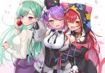  3girls :d beret bibi_(tokoyami_towa) black_hoodie blush breasts clothing_cutout collared_shirt ear_piercing fang fangs green_hair grey_eyes hair_ornament hairclip hat hololive hood hoodie hug long_hair looking_at_viewer medium_breasts mikozin multiple_girls nekota_tsuna open_mouth orange_eyes piercing purple_eyes purple_nails red_hair shirt short_hair shoulder_cutout skin_fang slit_pupils smile sweater tokoyami_towa tokoyami_towa_(3rd_costume) turtleneck turtleneck_sweater upper_body virtual_youtuber vspo! white_headwear yakumo_beni z.m._(zimin) 